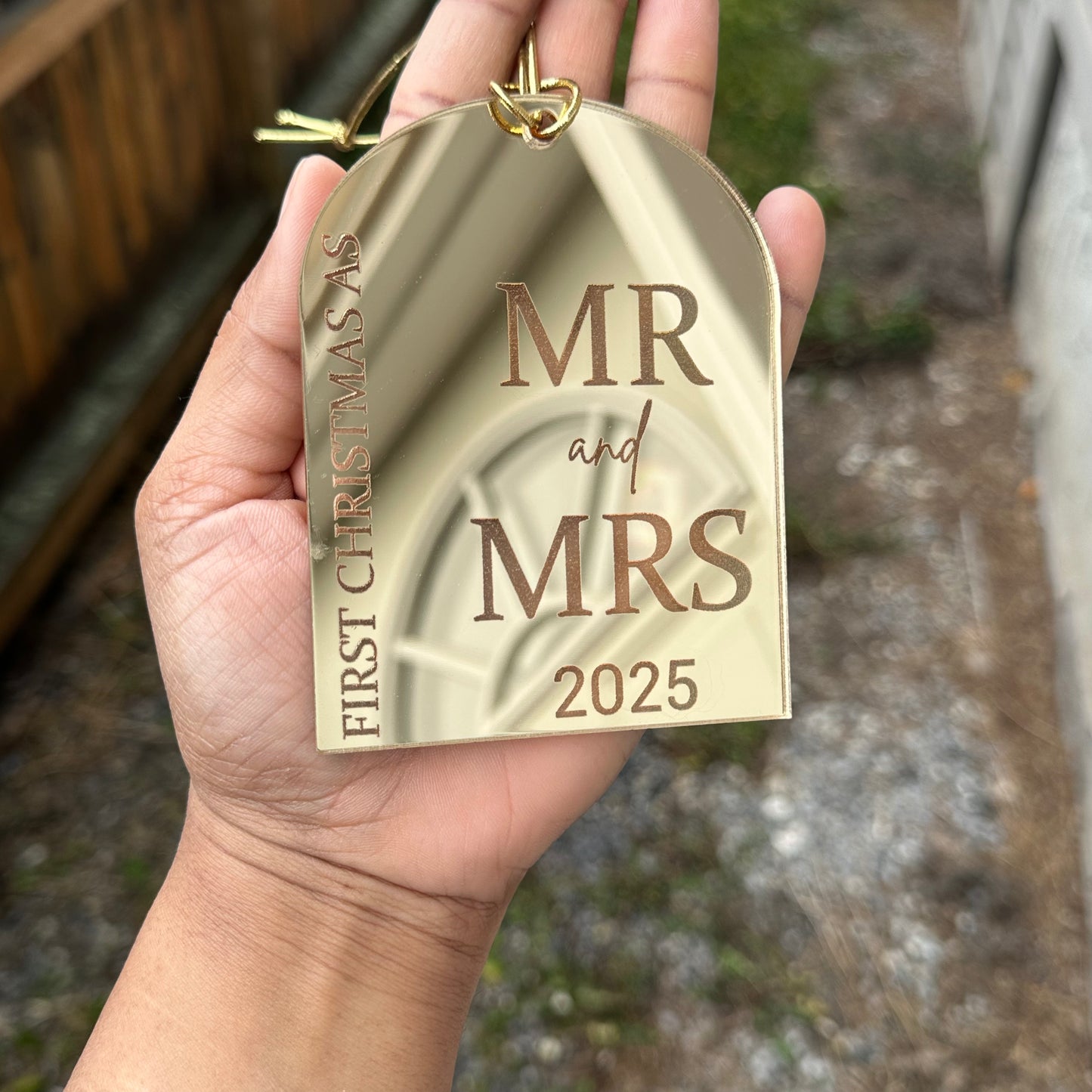 First Christmas as Mr & Mrs Ornament 2025 – Gold Mirror Acrylic