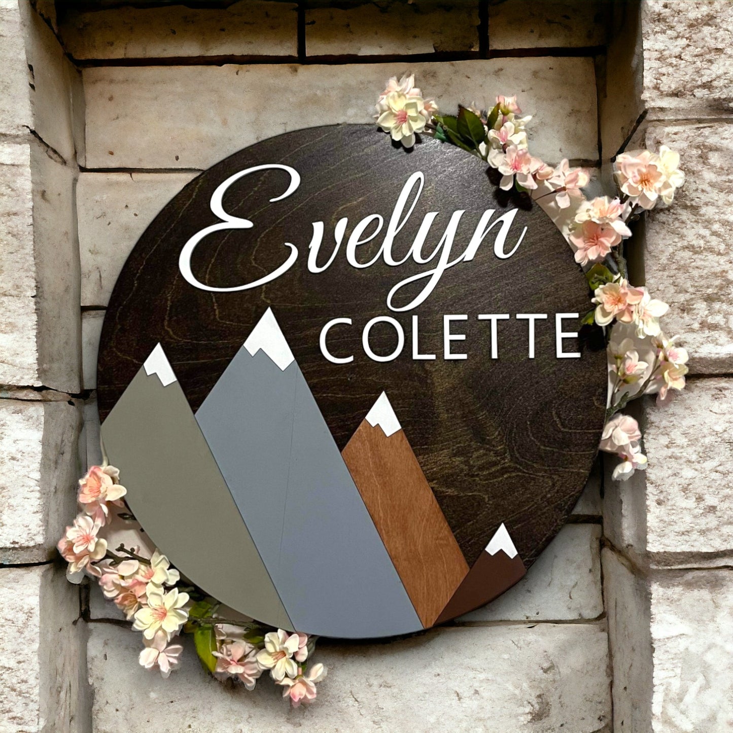 Personalized nursery sign with name and minimal style mountains