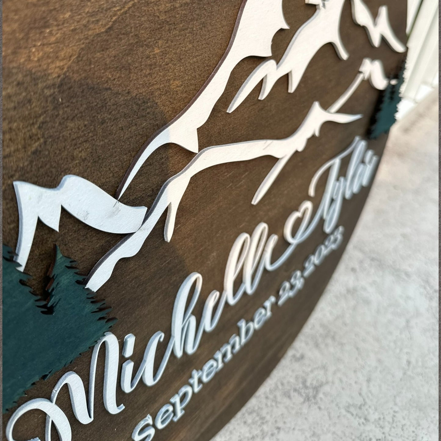 Personalized wedding sign with wedding date, mountain and trees