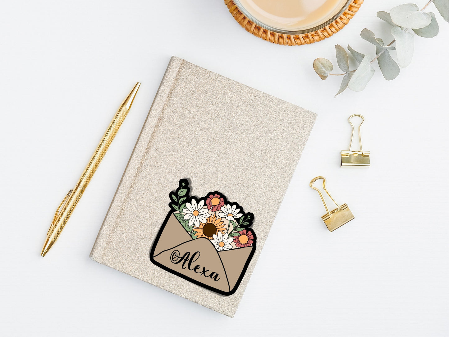 Custom name sticker, floral envelope sticker, laptop sticker