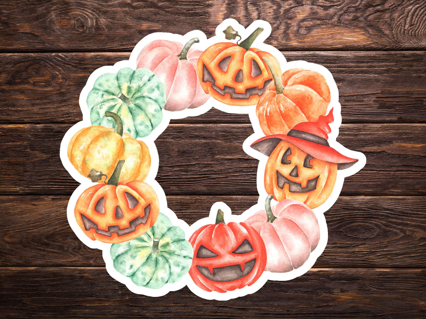 Pumpkin wreath sticker, glossy sticker, Halloween sticker, laptop vinyl sticker, watercolour print sticker, halloween gift
