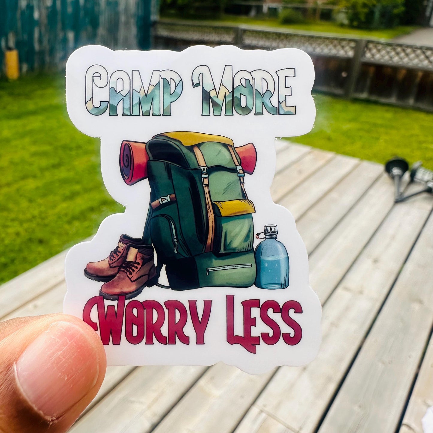 Camp More Worry Less Sticker: Glossy Vinyl Laptop Decal