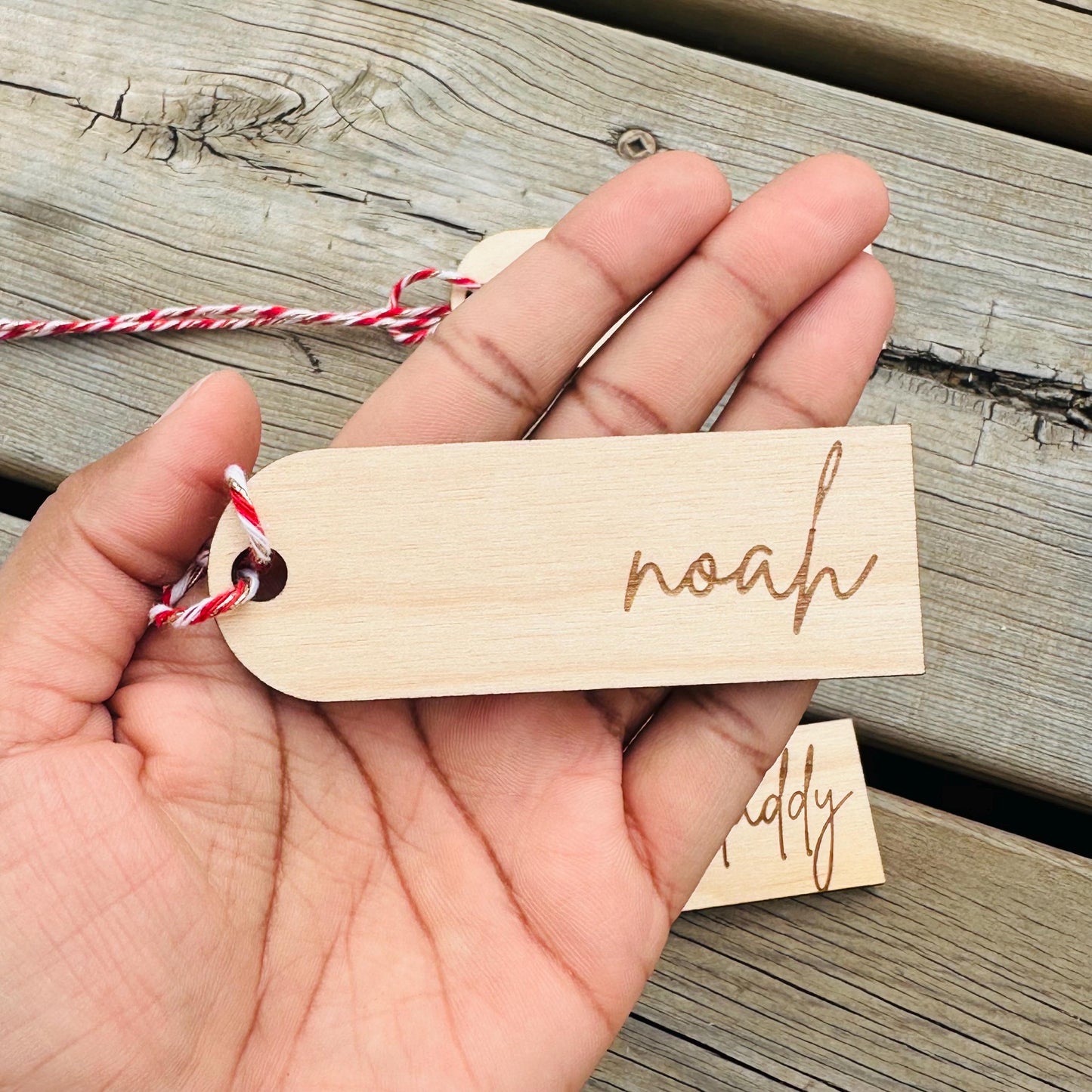 Personalized Engraved Birch Wood Christmas Stocking Tags: 3-inch