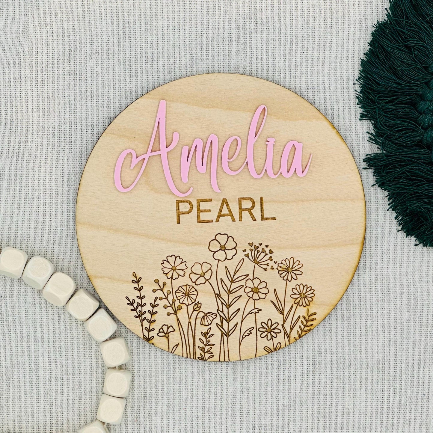 Wild flower Wooden Birth Announcement Sign: 3D Baby Name Photo Prop