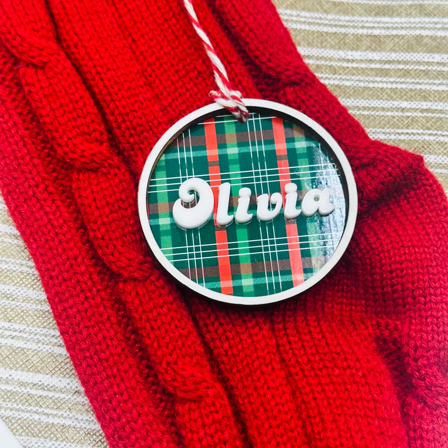 Personalized Engraved Wood Christmas Ornament: Plaid Stocking Tag
