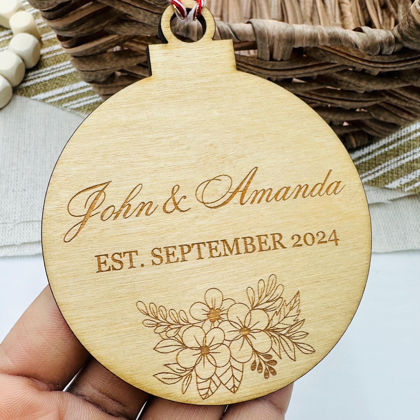 Personalized First Christmas Ornament: Newlywed Gift, Engraved Birch Wood