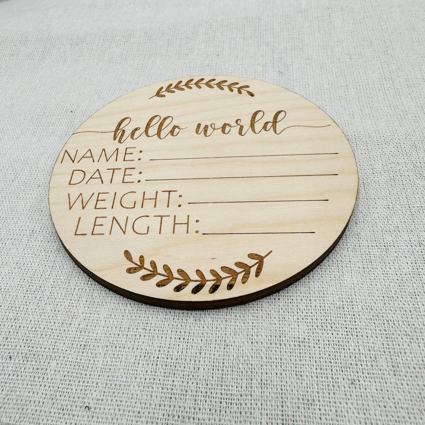Engraved Wood Hello World Baby Announcement Sign: Newborn Photo Prop