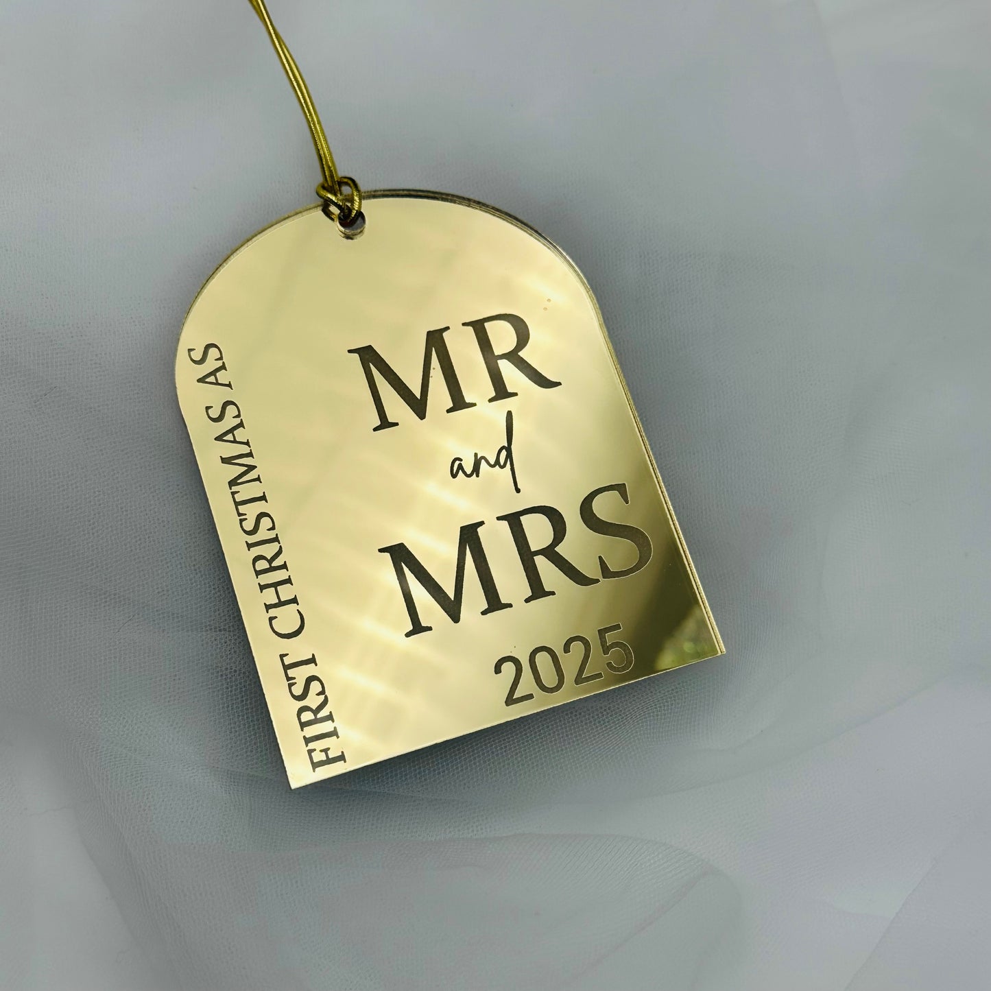 First Christmas as Mr & Mrs Ornament 2025 – Gold Mirror Acrylic