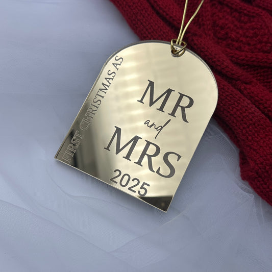 First Christmas as Mr & Mrs Ornament 2025 – Gold Mirror Acrylic