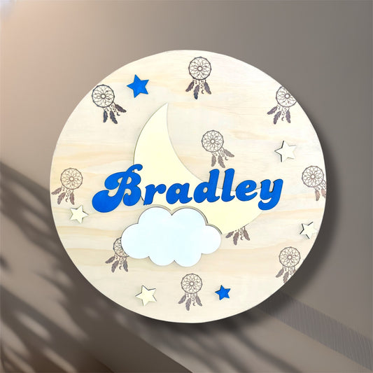 Personalized Wooden Name Sign – Moon, Stars & Dreamcatcher Nursery Wall Decor