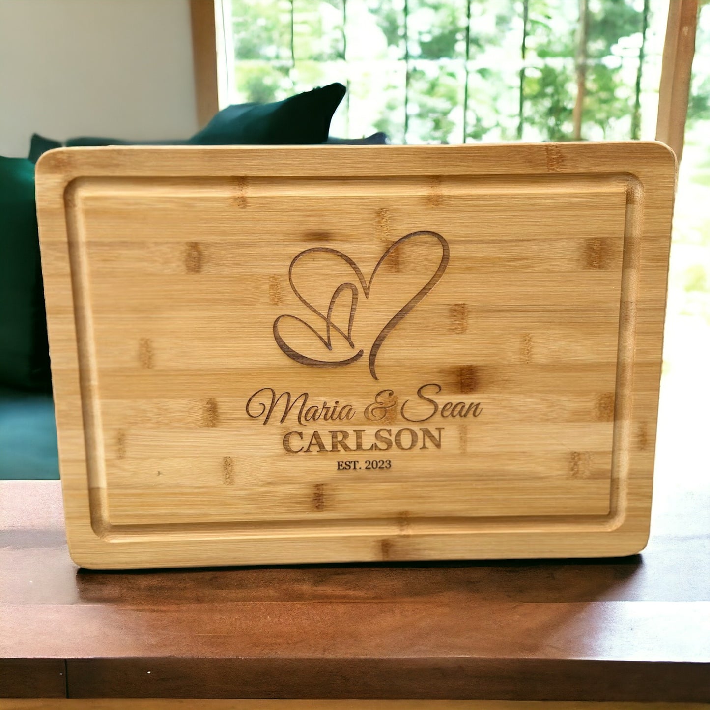 Personalized Engraved bamboo cutting board with names and EST year