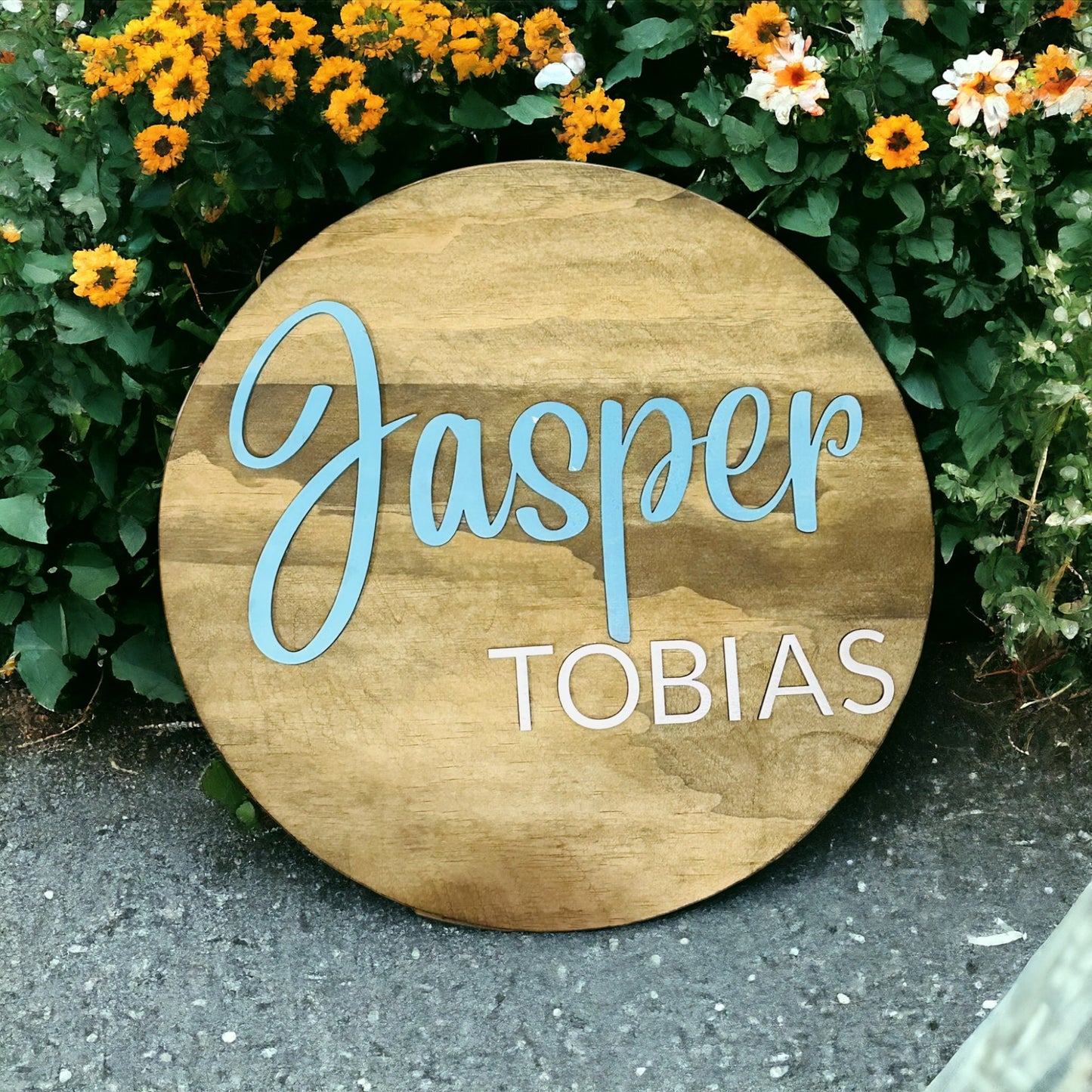 Personalized round wood sign for baby boy’s nursery/kid’s room with first and middle name