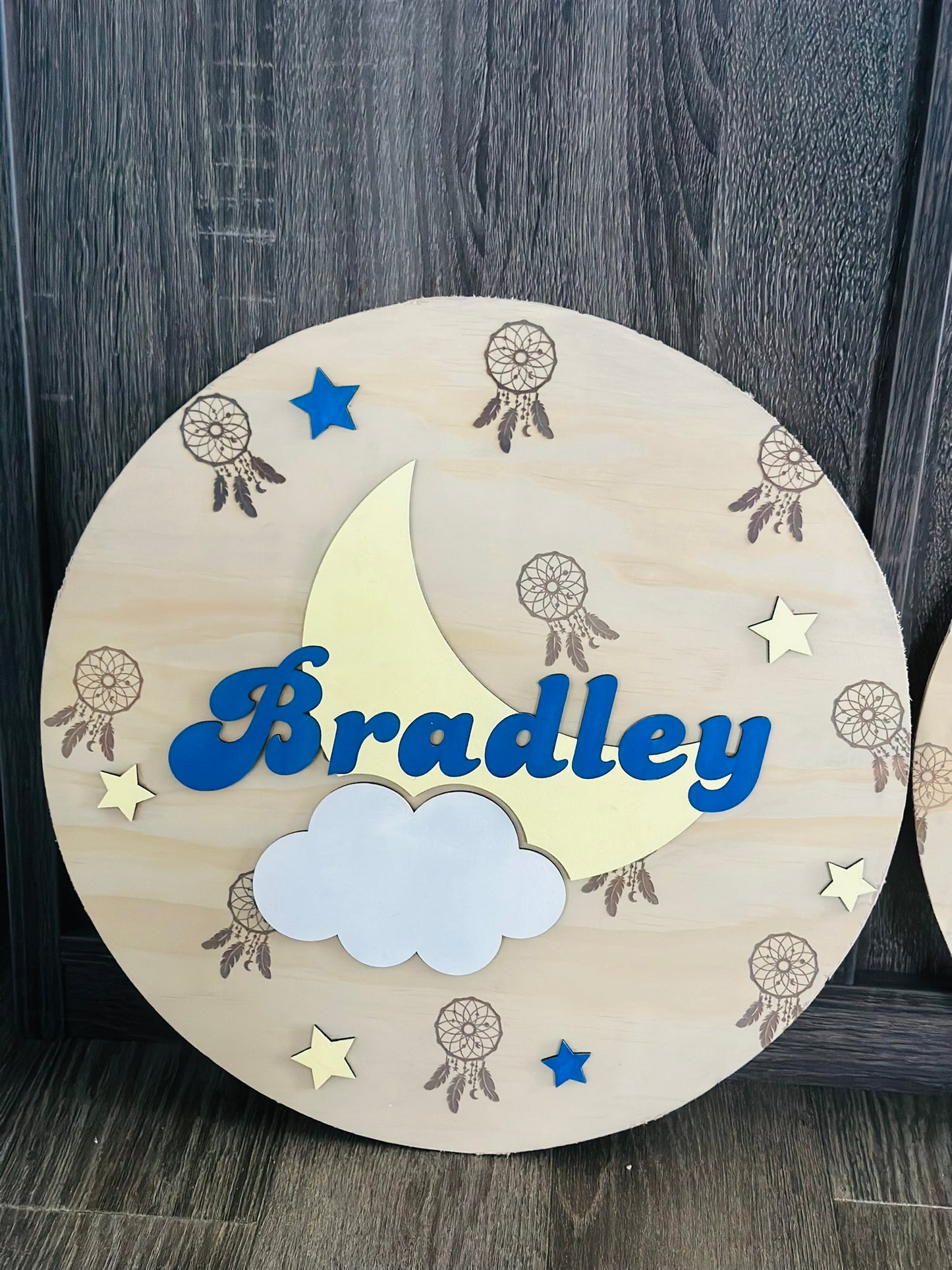 Personalized Wooden Name Sign – Moon, Stars & Dreamcatcher Nursery Wall Decor