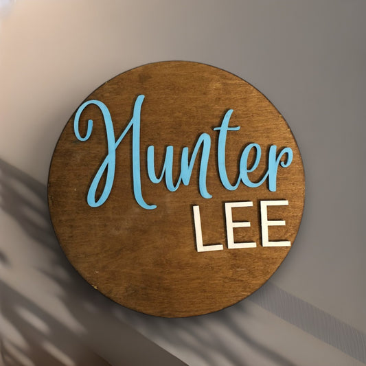 Personalized round wood sign for baby boy’s nursery/kid’s room with first and middle name