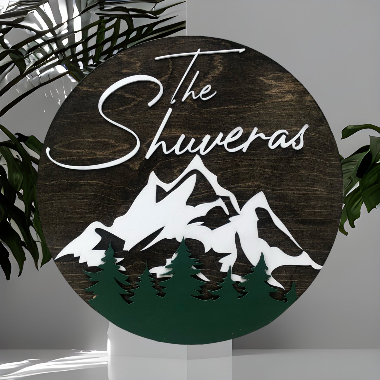 Personalized 3D Family name wood sign with mountains and trees- Dark round and dark green trees