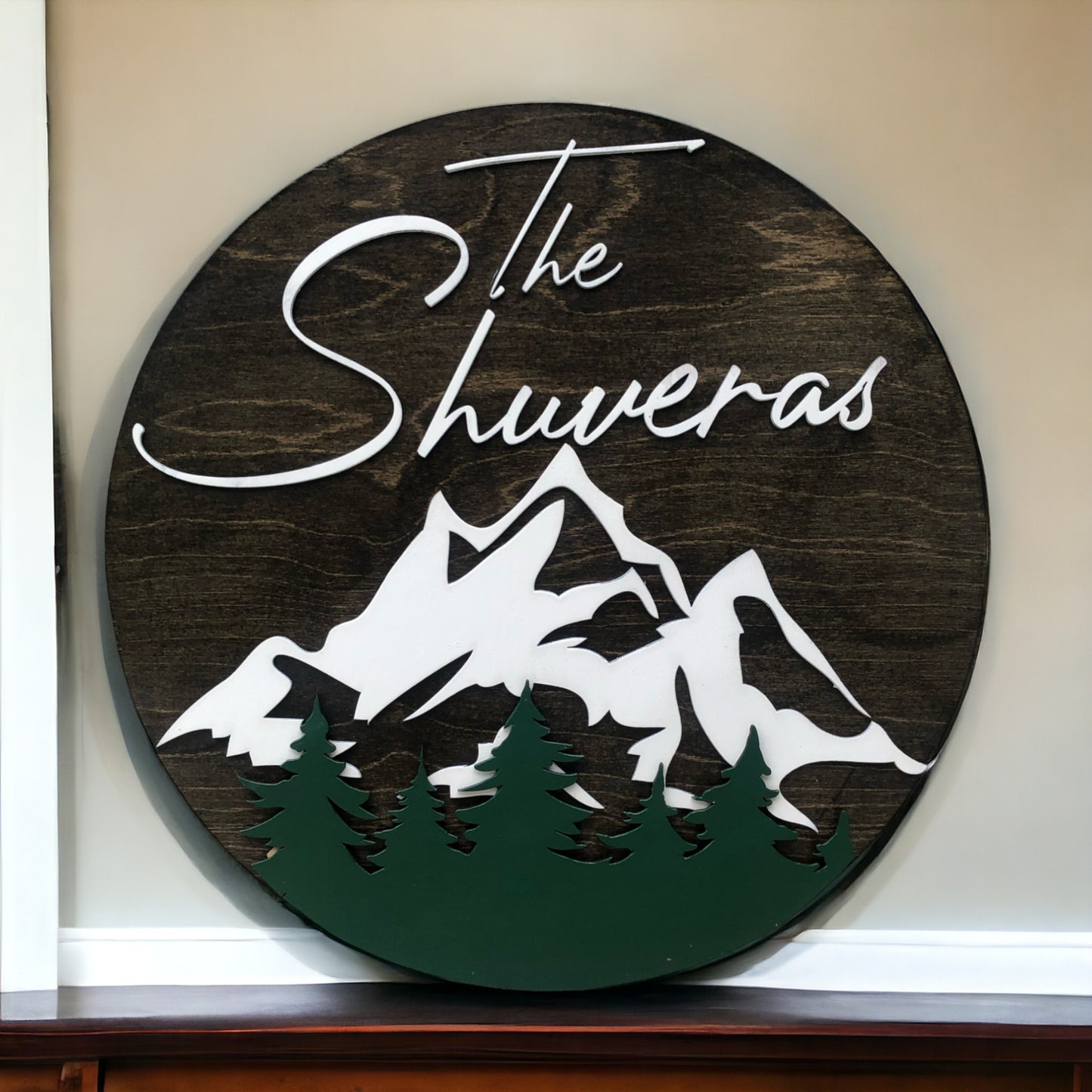 Personalized 3D Family name wood sign with mountains and trees- Dark round and dark green trees