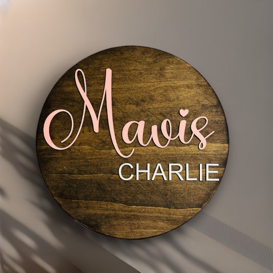 Personalized round wood sign for baby girl's nursery/kid’s room with first and middle name