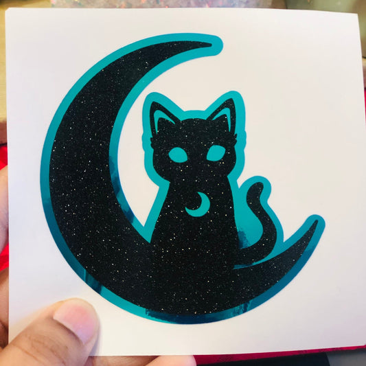 Holographic black cat and moon sticker, cat lover sticker, witchy cat sticker, hydroflask sticker, glittery sticker, waterproof sticker