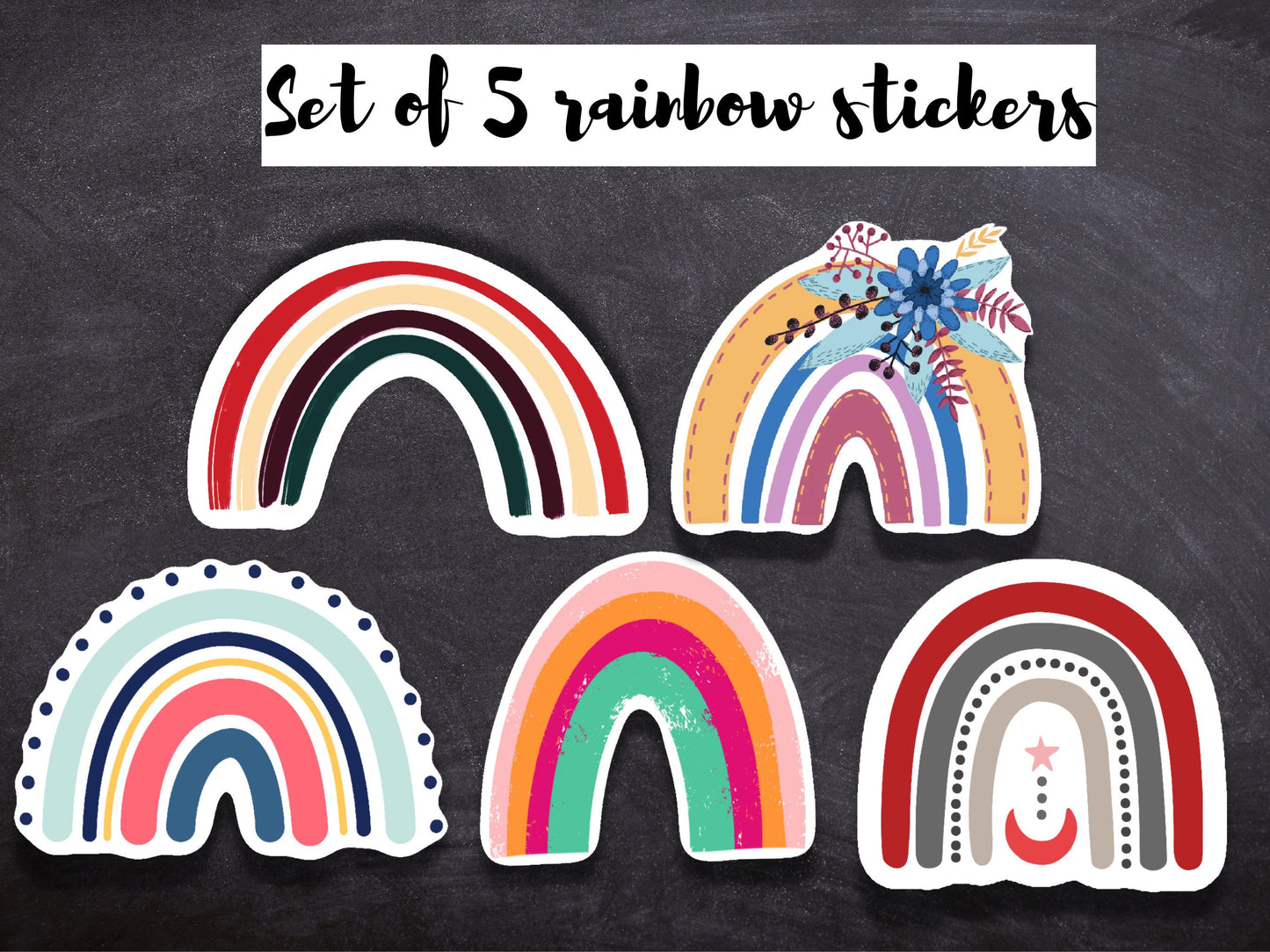 Rainbow diecut waterproof sticker set of 5, rainbow stickers for laptop, mobile, luggage, hydroflask, journal