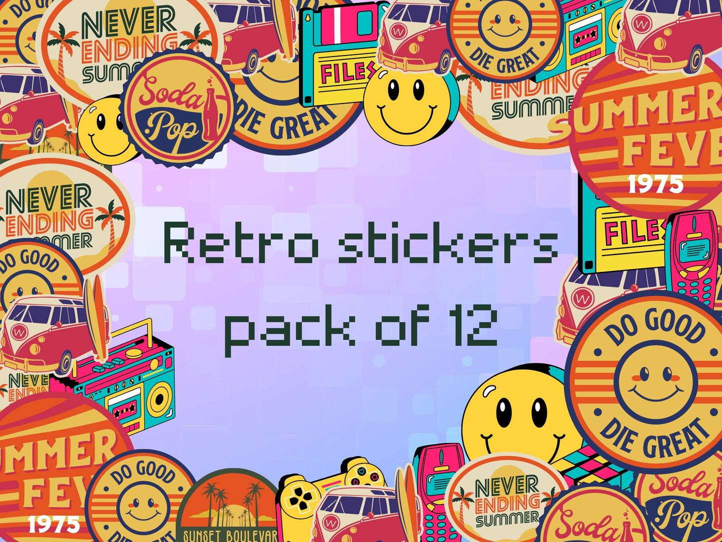 Retro 70s themed stickers set of 12, diecut sticker, waterproof, luggage stickers, mobile stickers, laptop stickers