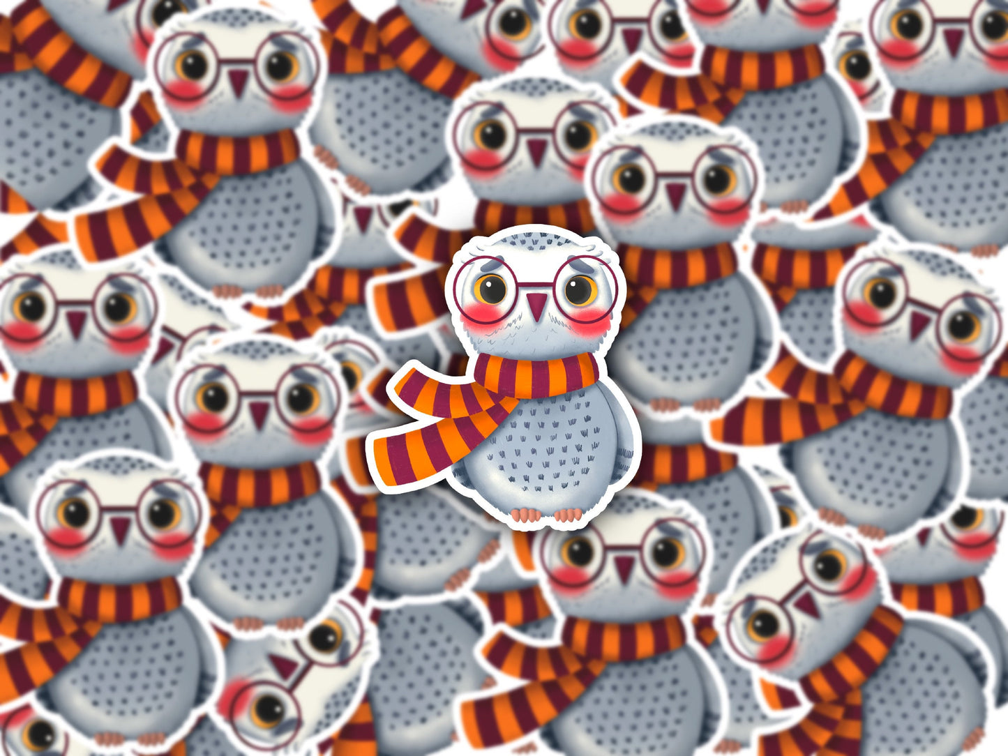 White owl with a scarf waterproof sticker, movie sticker, tv shows sticker, wizard school sticker, halloween sticker, laptop sticker