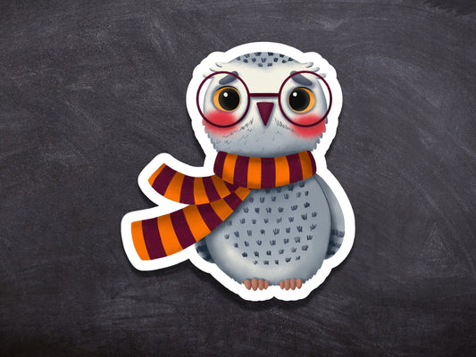 White owl with a scarf waterproof sticker, movie sticker, tv shows sticker, wizard school sticker, halloween sticker, laptop sticker