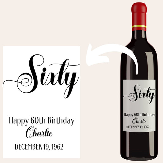 Personalized sixty-60th birthday wine bottle label, gift for her, gift box sticker, birthday party favours, birthday gift for sister