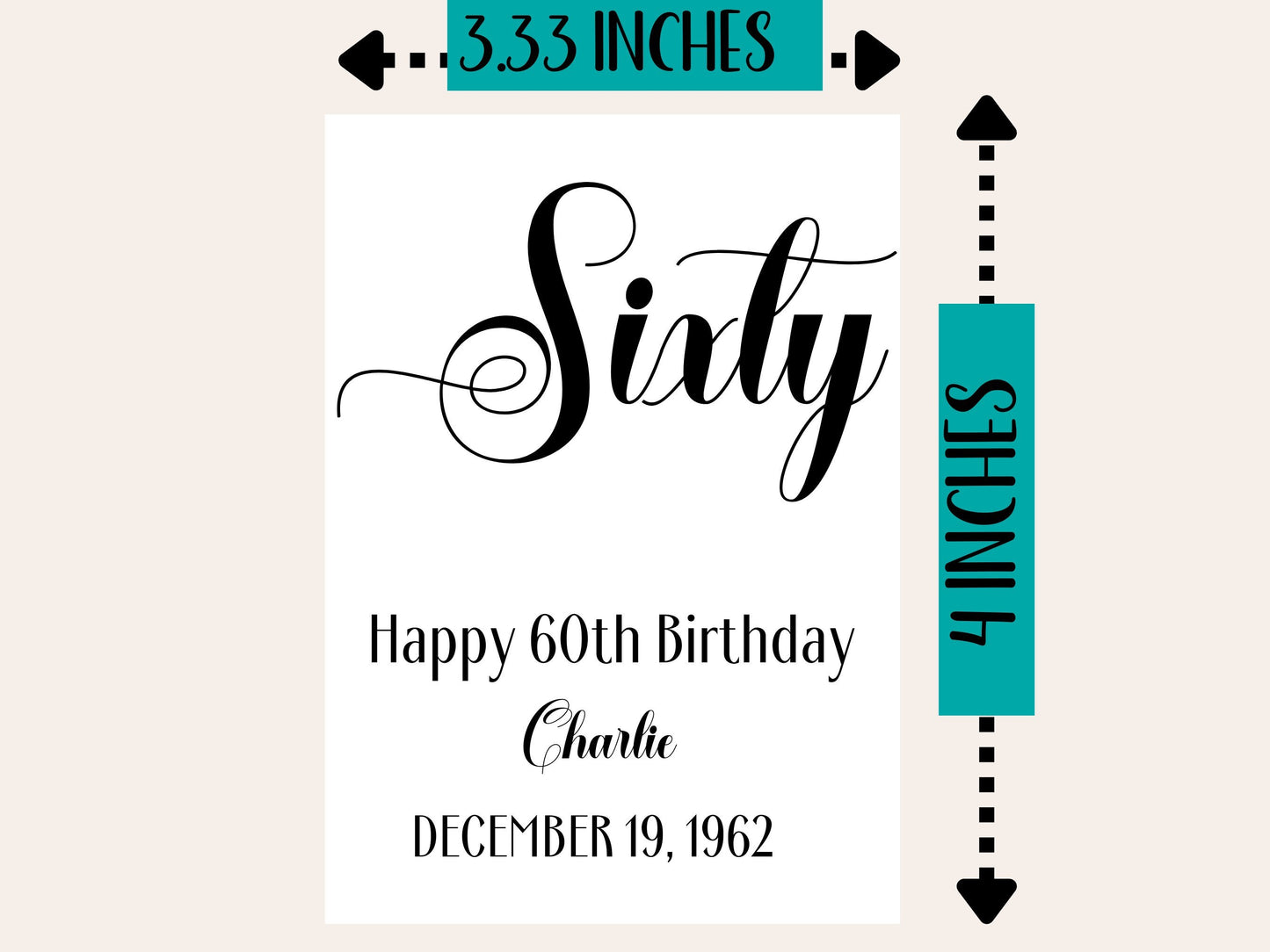 Personalized sixty-60th birthday wine bottle label, gift for her, gift box sticker, birthday party favours, birthday gift for sister