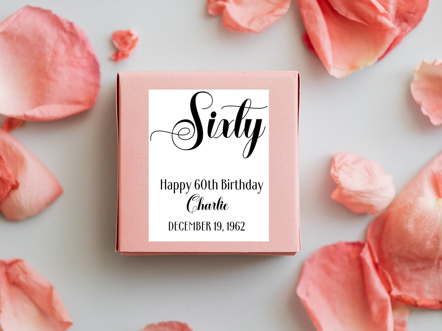 Personalized sixty-60th birthday wine bottle label, gift for her, gift box sticker, birthday party favours, birthday gift for sister