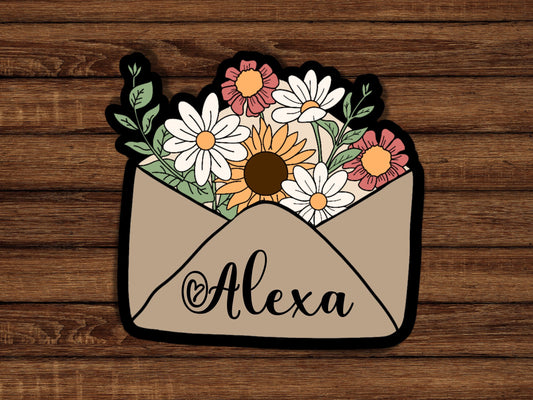 Custom name sticker, floral envelope sticker, laptop sticker