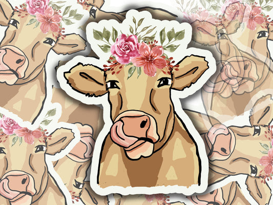 Floral Cow sticker, weatherproof sticker, laptop sticker, farm animal sticker, animal lover sticker