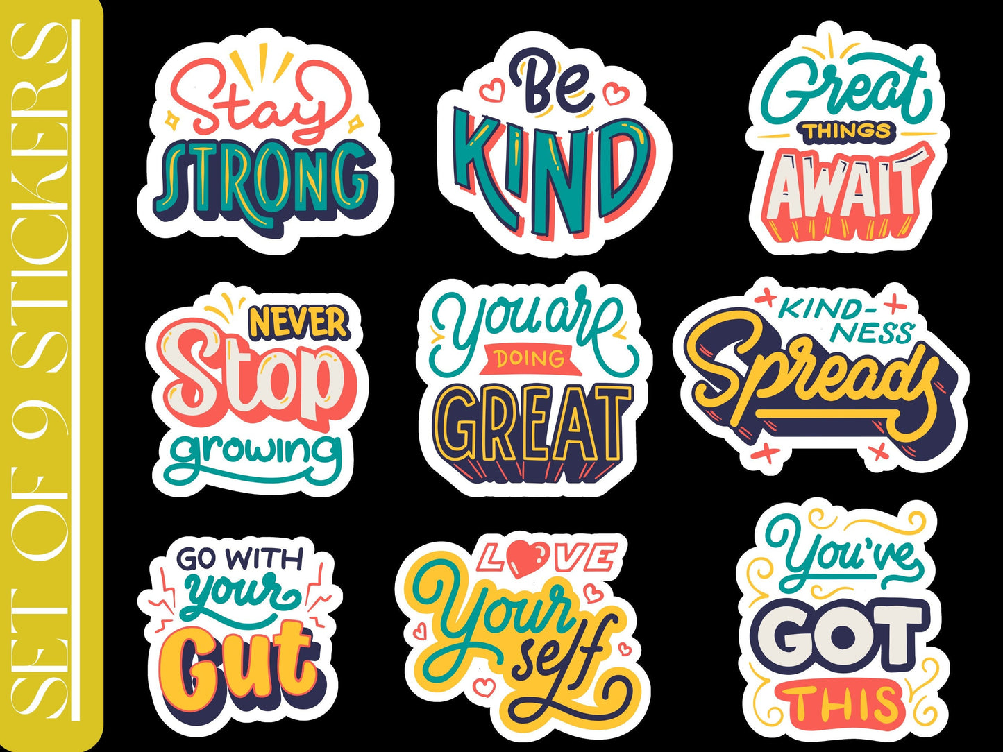 Motivational quotes stickers- set of 9, retro stickers, positivity quotes stickers, gift for best friend, self help stickers, daily reminder
