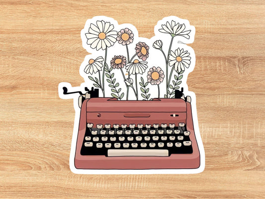 Floral typewriter sticker for laptop, hydroflask, car bumper, journals and more