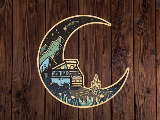 Camping moon sticker for laptop, van life sticker, weatherproof sticker, laptop sticker, gift for friend