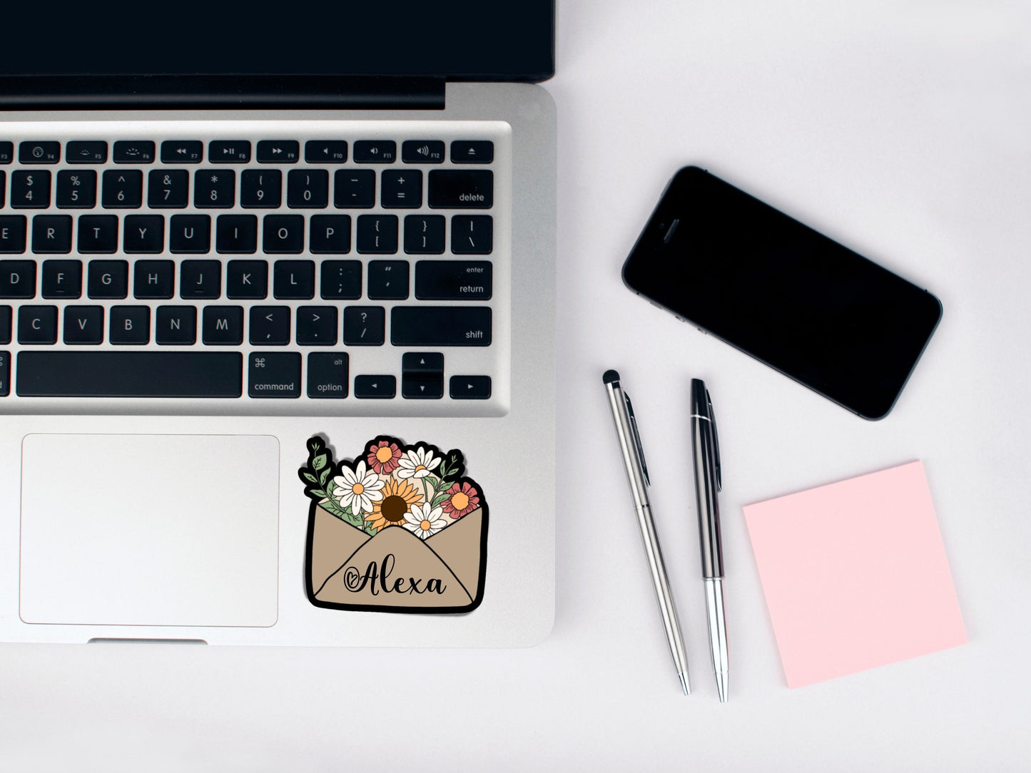 Custom name sticker, floral envelope sticker, laptop sticker