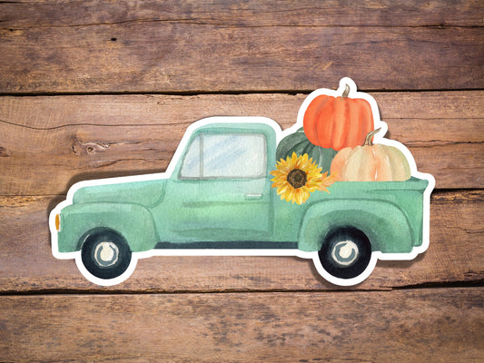 Fall Truck and Pumpkins Sticker: Watercolor Vinyl Decal