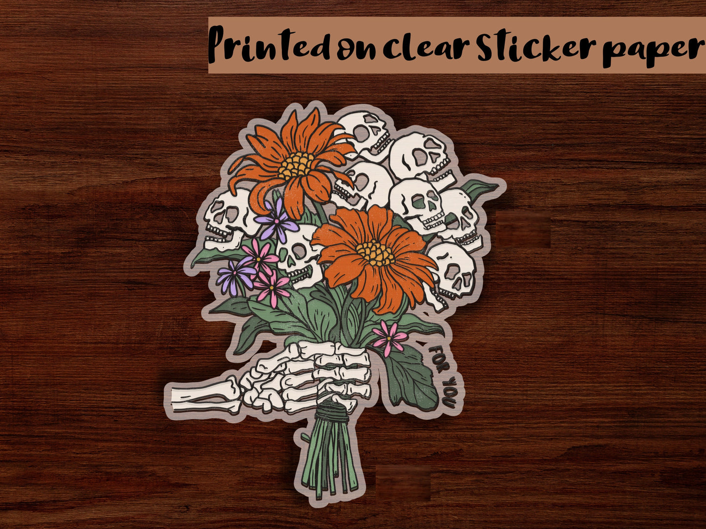 Skeleton Halloween sticker, halloween flower sticker, clear vinyl sticker, skull sticker, gift for halloween, gift for best friend