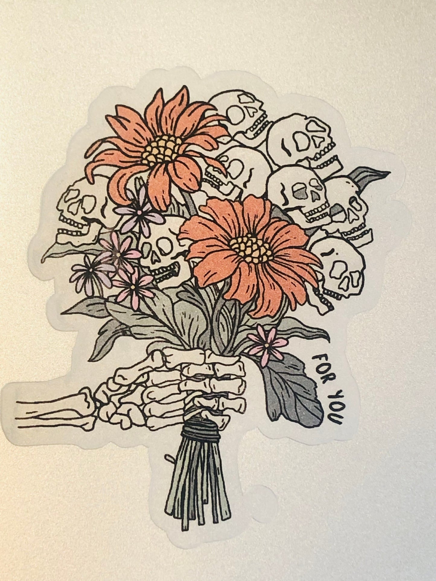 Skeleton Halloween sticker, halloween flower sticker, clear vinyl sticker, skull sticker, gift for halloween, gift for best friend