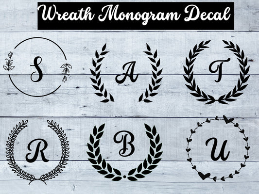 Monogram Wreath Vinyl Decal: Initial Decal for Wine Glass, Door, wedding lanterns etc