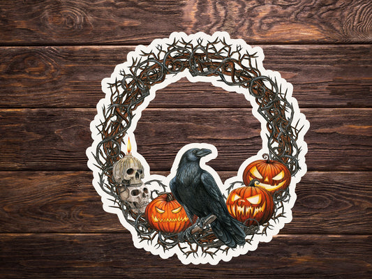 Crow skull Pumpkin wreath sticker, glossy sticker, Halloween sticker, laptop vinyl sticker, crow sticker, halloween gift