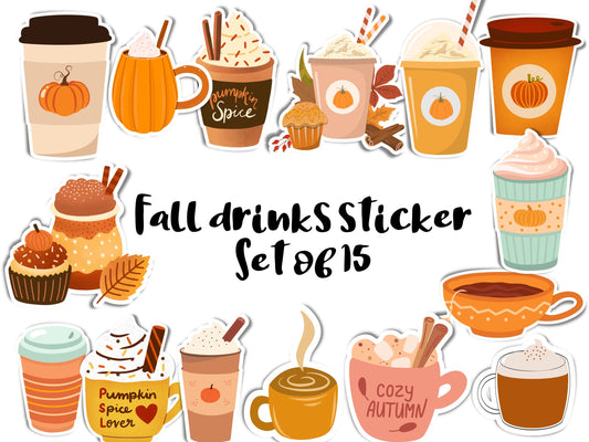 Fall drinks stickers- set of 15, pumpkin spice sticker, fall sticker, halloween sticker, fall aesthetic, cinnamon coffee sticker