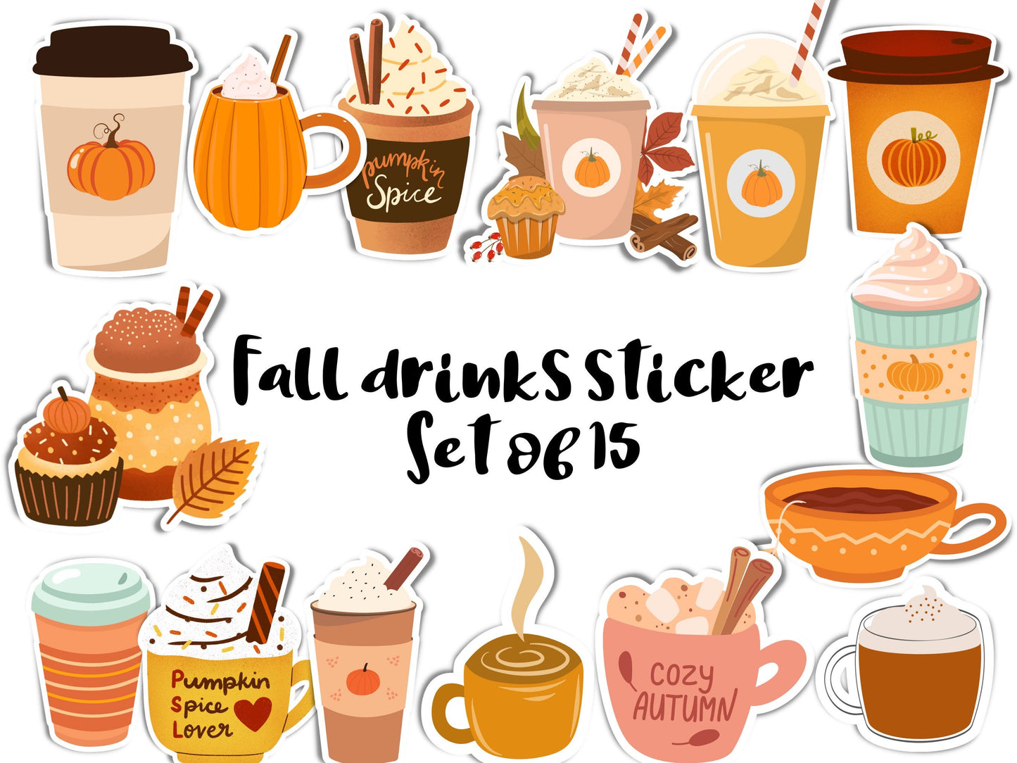 Fall drinks stickers- set of 15, pumpkin spice sticker, fall sticker, halloween sticker, fall aesthetic, cinnamon coffee sticker