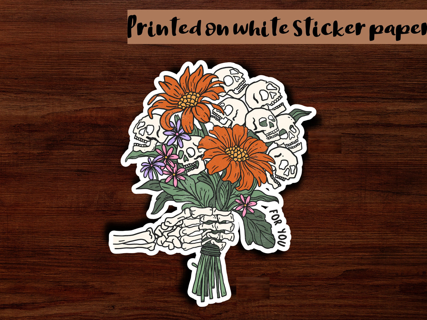 Skeleton Halloween sticker, halloween flower sticker, clear vinyl sticker, skull sticker, gift for halloween, gift for best friend