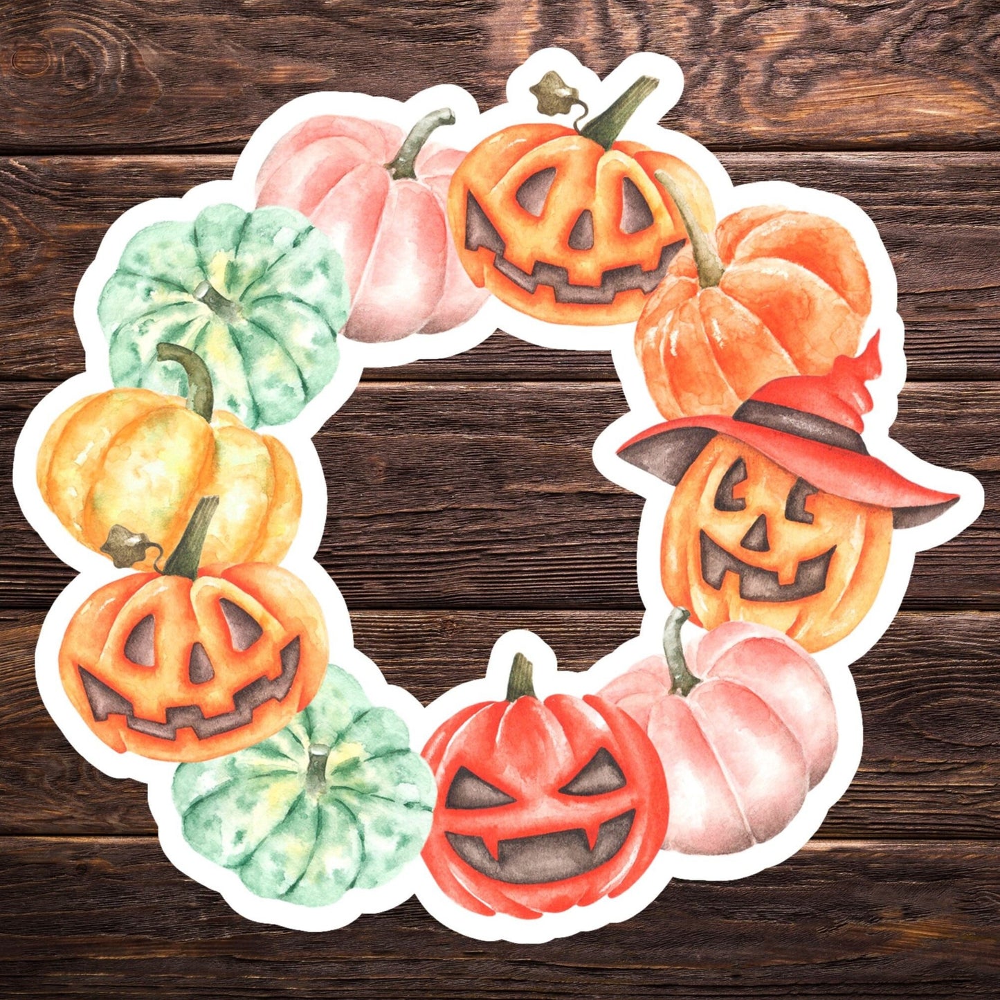 Pumpkin wreath sticker, glossy sticker, Halloween sticker, laptop vinyl sticker, watercolour print sticker, halloween gift