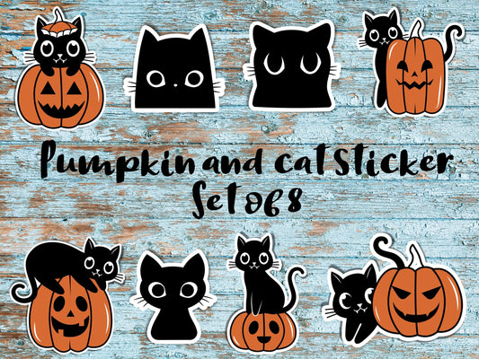 Set of 8- black cat and pumpkin sticker, halloween sticker, pet lover sticker, cat lady sticker, fall sticker