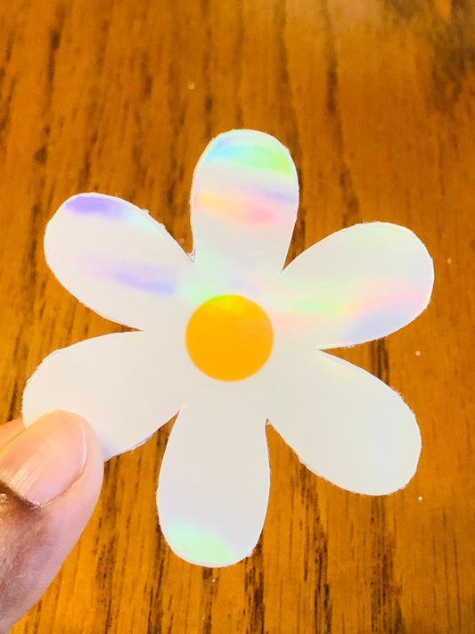 White daisy holographic sticker, rainbow sticker, floral sticker