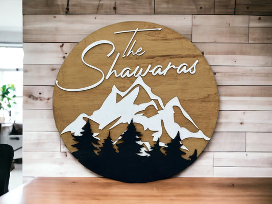Personalized Family Name Wood Sign: 3D Mountain & Trees Decor