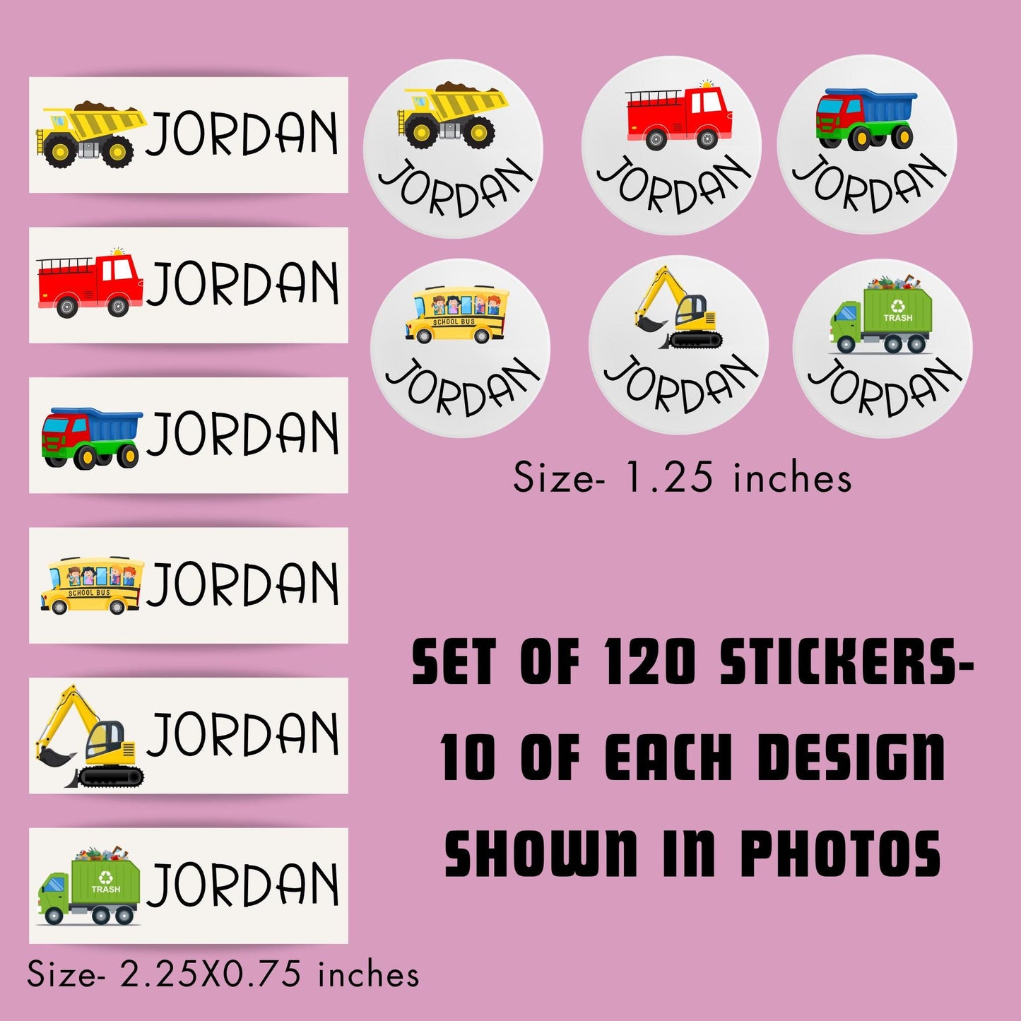 Trucks Daycare Stickers: 120 Waterproof Custom Name Labels
