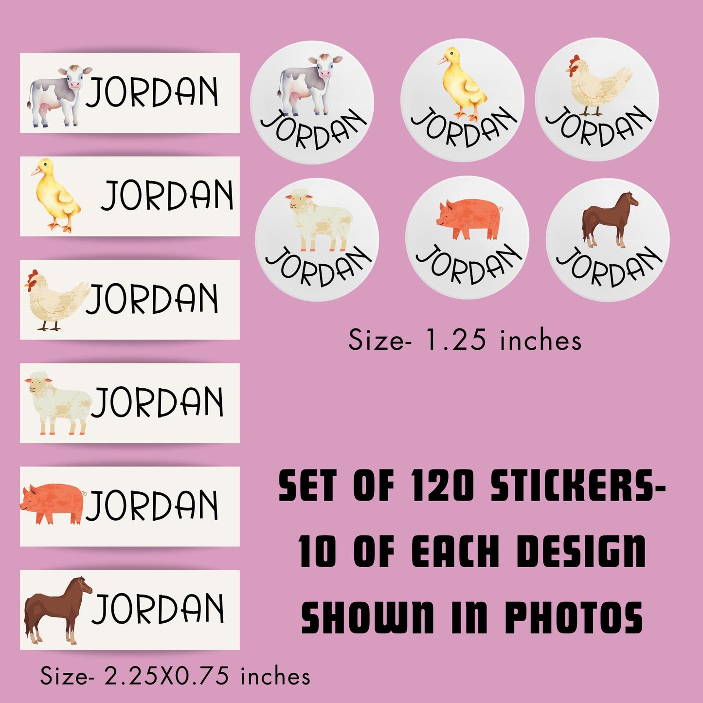 Farm Animals Daycare Stickers: 120 Waterproof Personalized Labels