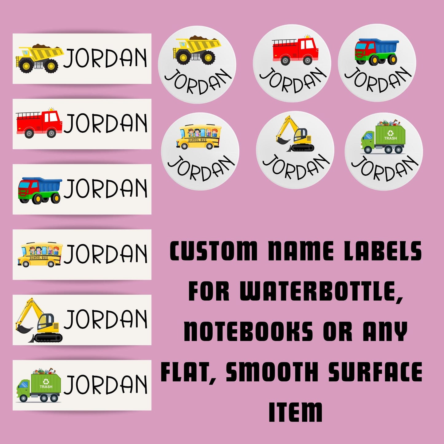 Trucks Daycare Stickers: 120 Waterproof Custom Name Labels